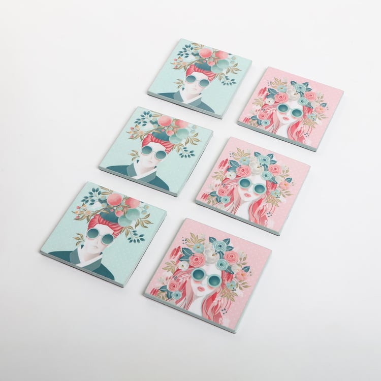 Raisa Retro Set of 6 Wooden Printed Coasters with Holder