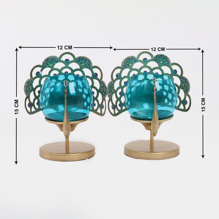 Mayur Set of 2 Glass & Metal Peacock T-Light Holders