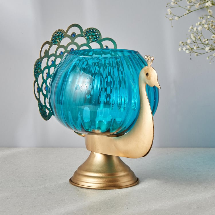 Mayur Glass & Iron Peacock Votive Holder