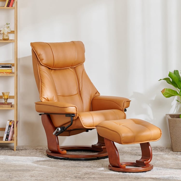 Silas Faux Leather Revolving 1-Seater Lounge Recliner with Foot Stool - Brown