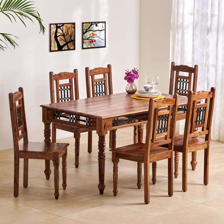 Kian Sheesham Wood 6-Seater Dining Set with Chairs - Brown