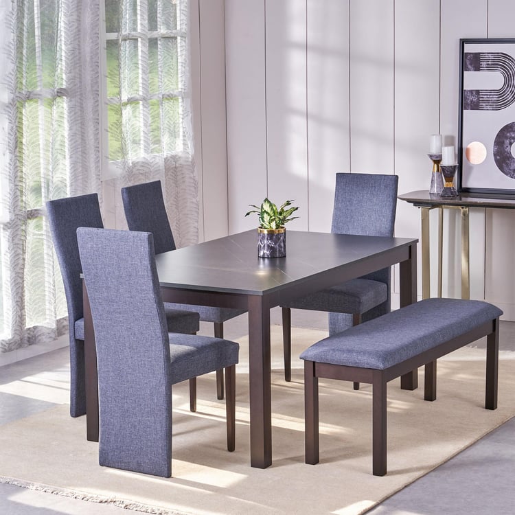 Helios Hazel Melamine Top 6-Seater Dining Set with Chairs and Bench - Blue and Brown