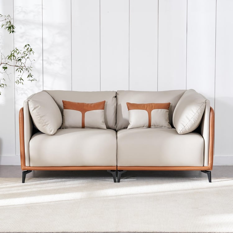 Bosco Faux Leather 2-Seater Sofa with Cushions - Beige and Brown