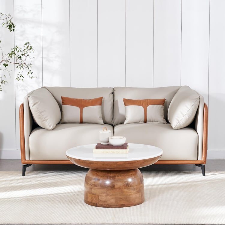 Bosco Faux Leather 2-Seater Sofa with Cushions - Beige and Brown