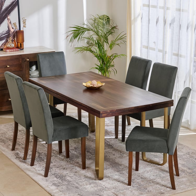Nirvana Sheesham Wood Top 6-Seater Dining Set with Indus Chairs - Brown and Grey