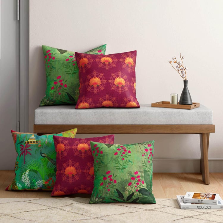 INDIA CIRCUS Floral Mystique Printed Set of 5 Cushion Covers - 41x41cm