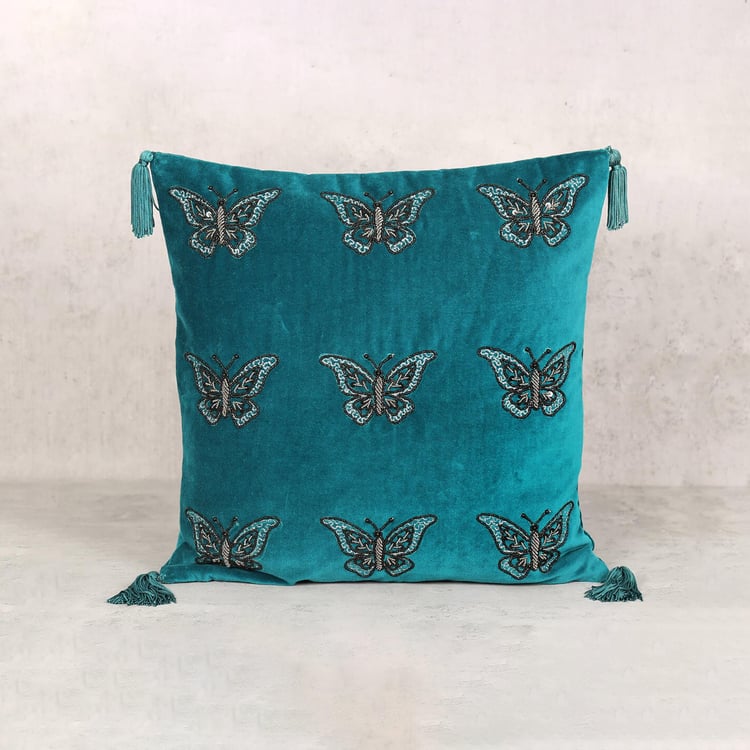 INDIA CIRCUS Adorn Cotton Butterfly Embellished Cushion Cover - 41x41cm