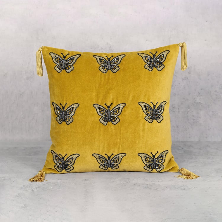 INDIA CIRCUS Aureolin Butterfly Embellished Cushion Cover - 41x41cm