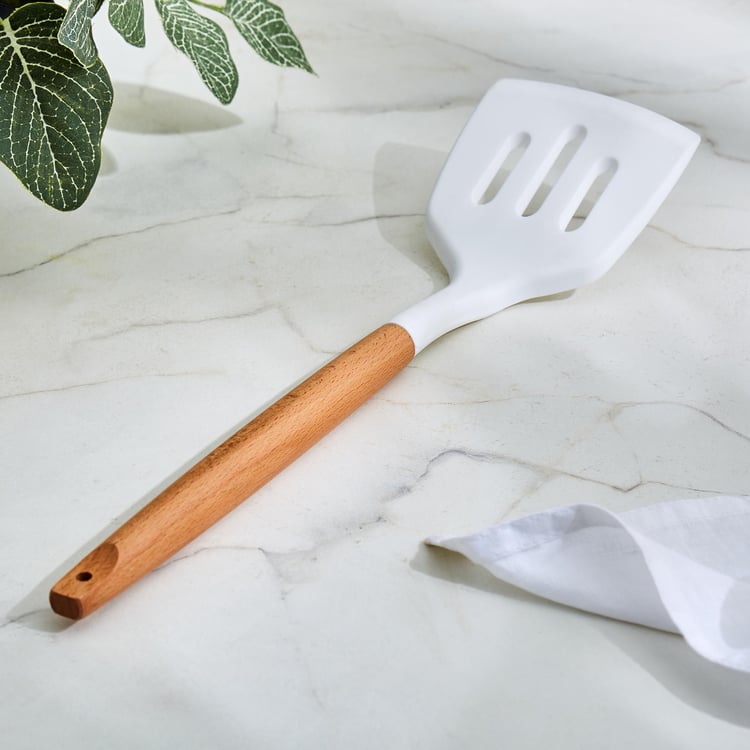 Marshmallow Aruba Silicone Slotted Turner with Wooden Handle