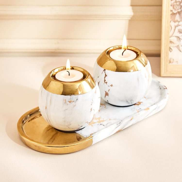 Krater Set of 2 Ceramic T-Light Holders with Tray