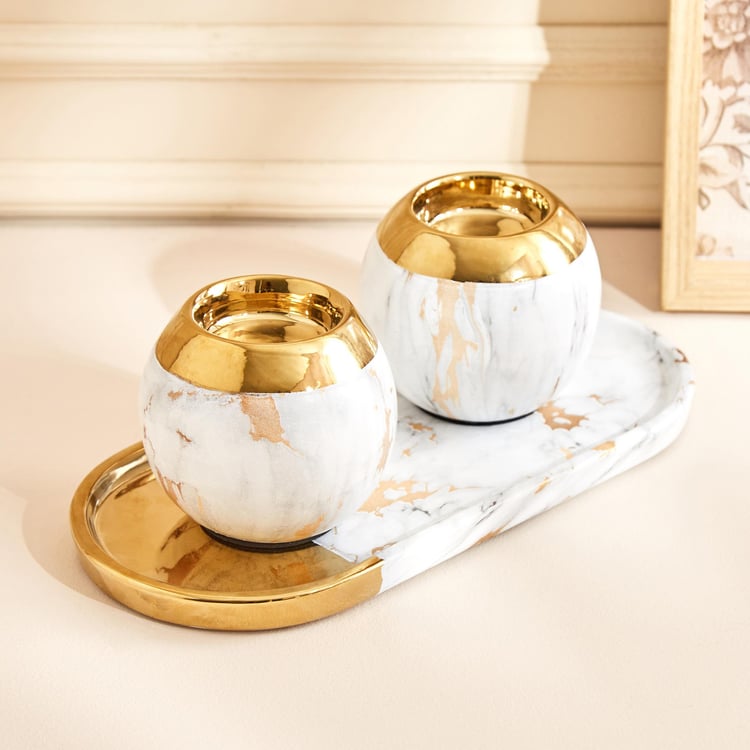Krater Set of 2 Ceramic T-Light Holders with Tray