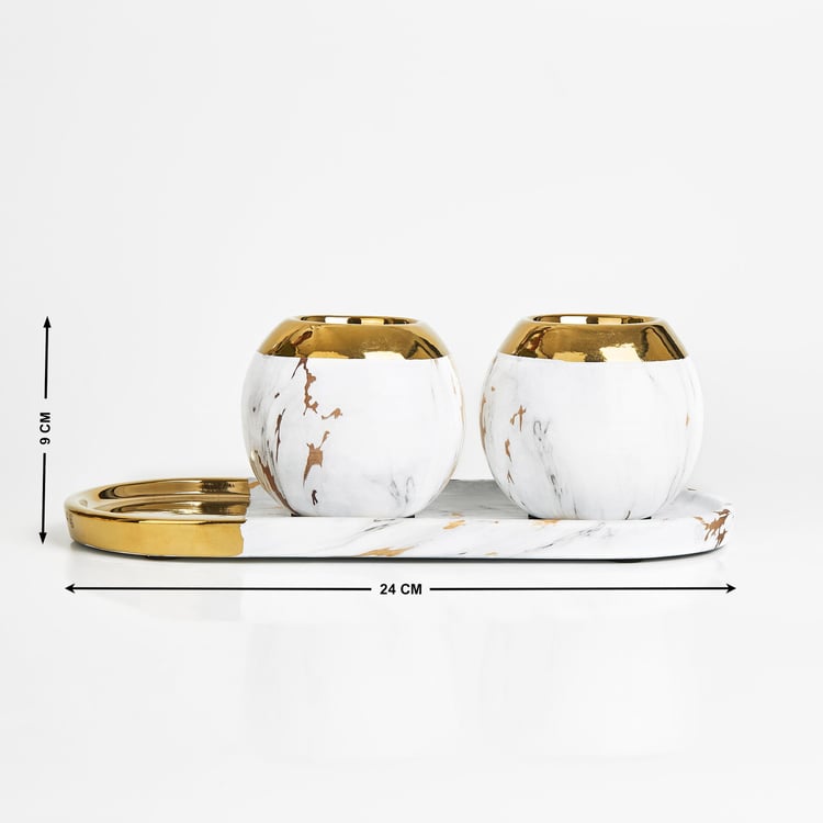 Krater Set of 2 Ceramic T-Light Holders with Tray