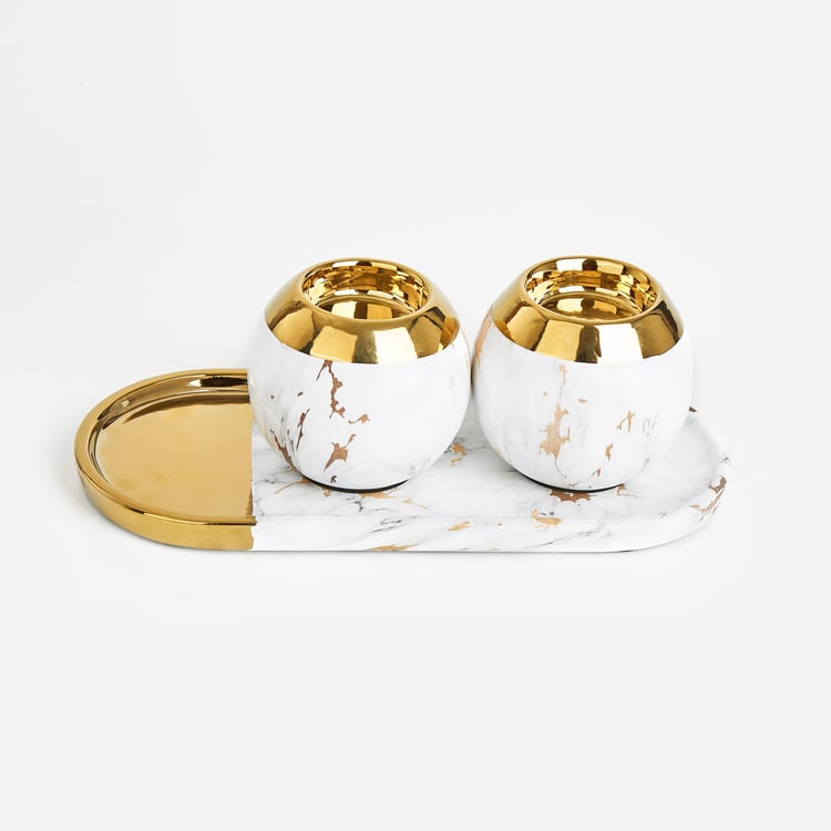Krater Set of 2 Ceramic T-Light Holders with Tray