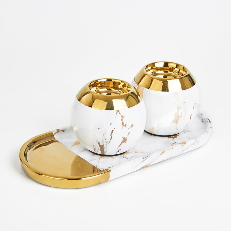 Krater Set of 2 Ceramic T-Light Holders with Tray