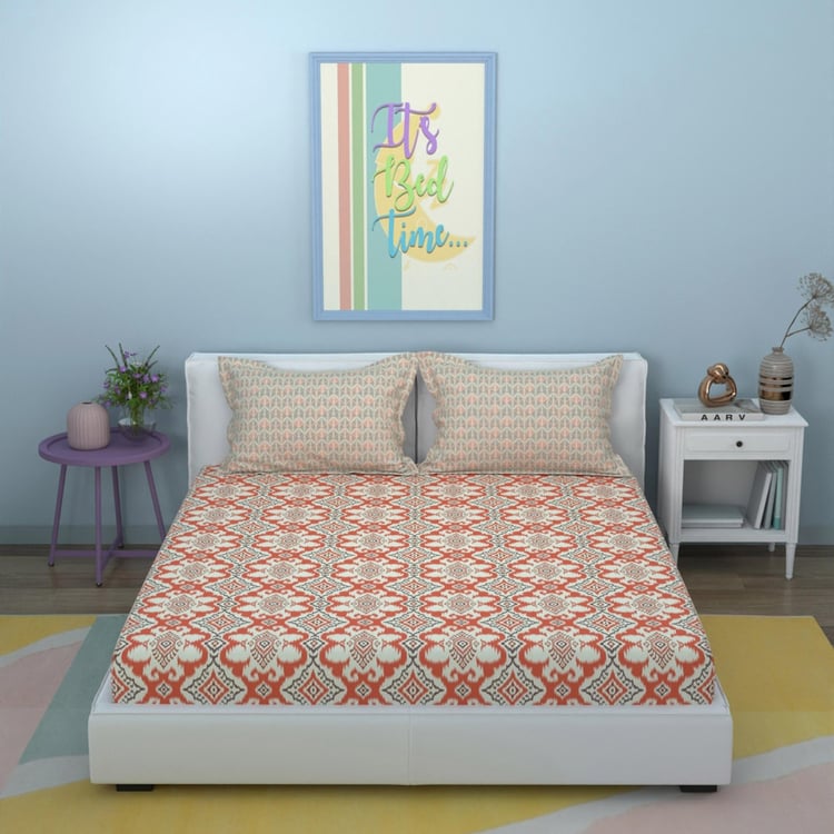 STELLAR HOME Marigold Cotton 128TC Ethic Print 3Pcs Queen Bedsheet Set