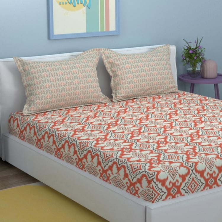 STELLAR HOME Marigold Cotton 128TC Ethic Print 3Pcs Queen Bedsheet Set