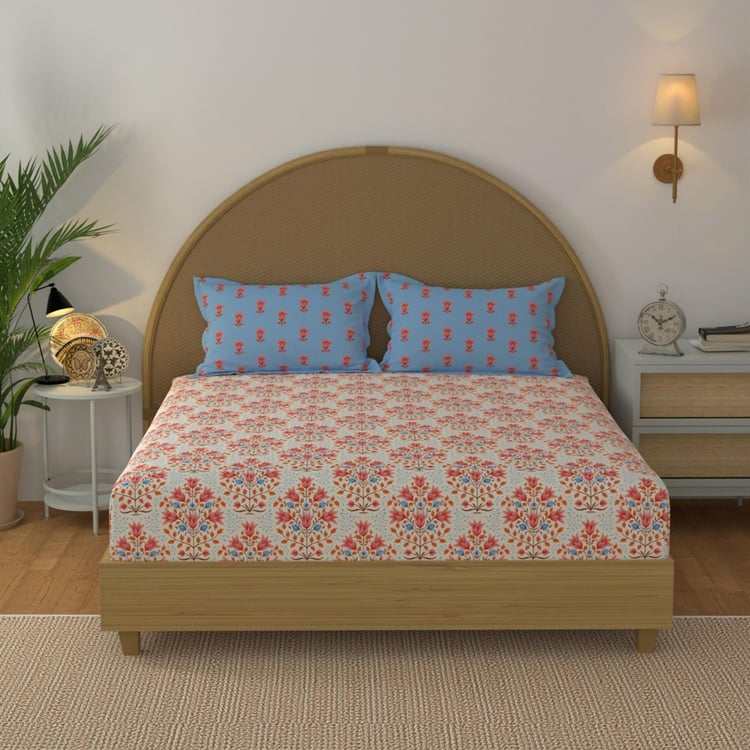 STELLAR HOME Jharokha Cotton 120TC Floral Print 3Pcs Queen Bedsheet Set