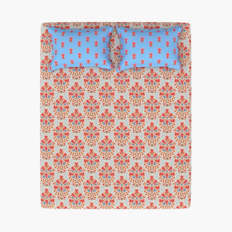 STELLAR HOME Jharokha Cotton 120TC Floral Print 3Pcs Queen Bedsheet Set