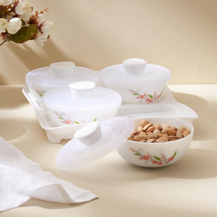 Velox Creeper Set of 4 Opalware Printed Dry Fruit Bowls with Lids and Tray - 290ml