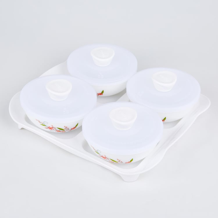 Velox Creeper Set of 4 Opalware Printed Dry Fruit Bowls with Lids and Tray - 290ml