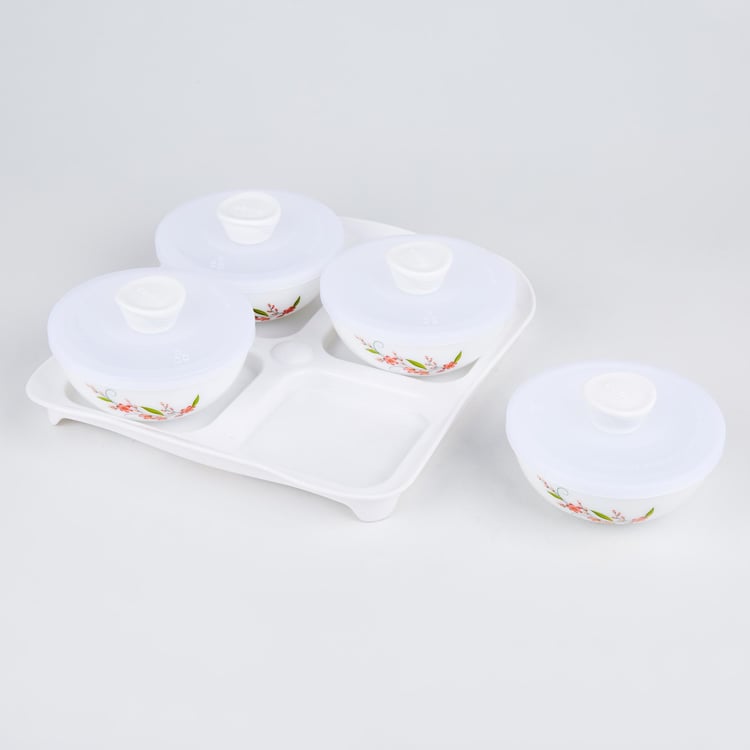 Velox Creeper Set of 4 Opalware Printed Dry Fruit Bowls with Lids and Tray - 290ml