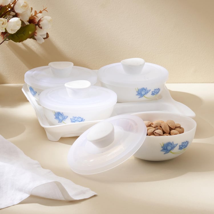 Velox Neel Kamal Set of 4 Opalware Dry Fruit Bowls with Lids and Tray - 290ml