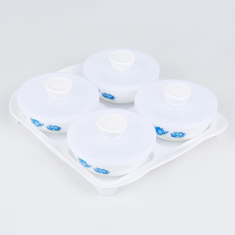 Velox Neel Kamal Set of 4 Opalware Dry Fruit Bowls with Lids and Tray - 290ml