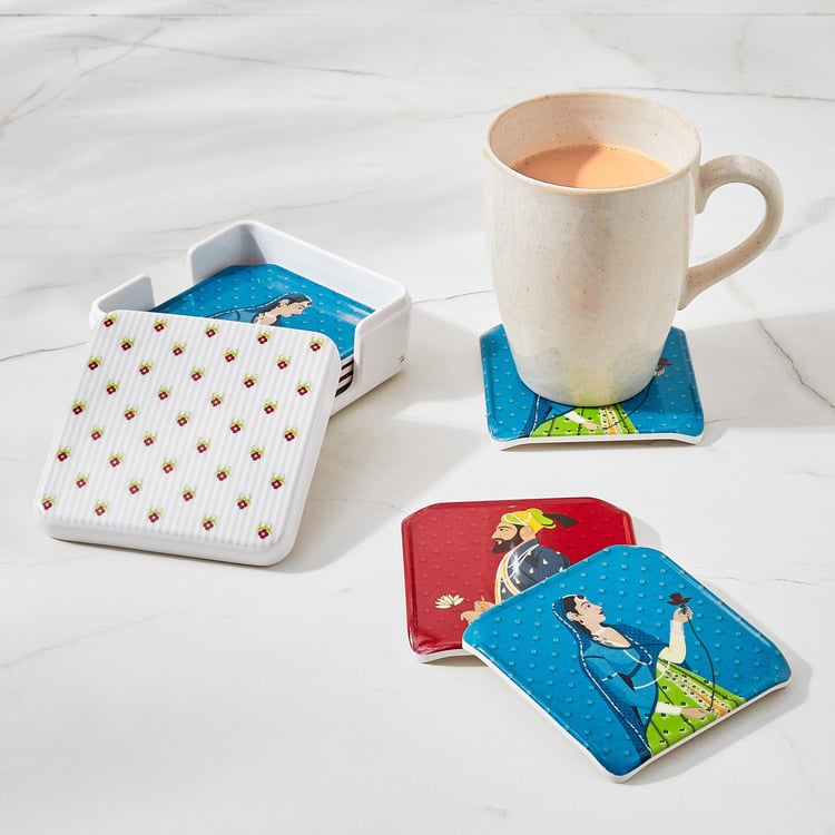 Raisa Raja Rani Set of 6 Melamine Printed Coasters with Holder