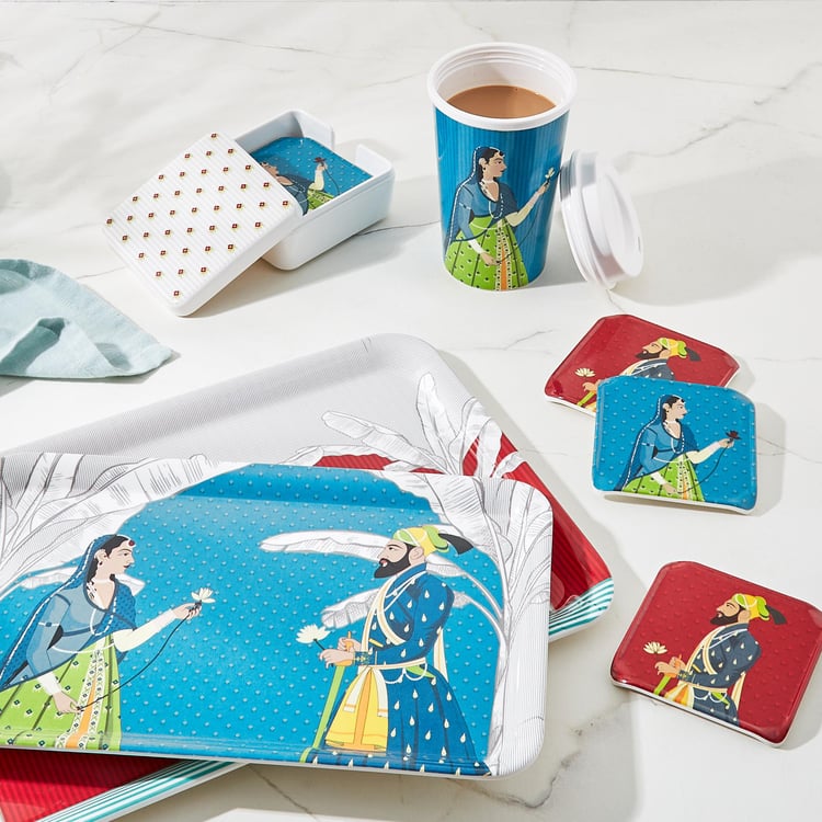 Raisa Raja Rani Set of 6 Melamine Printed Coasters with Holder