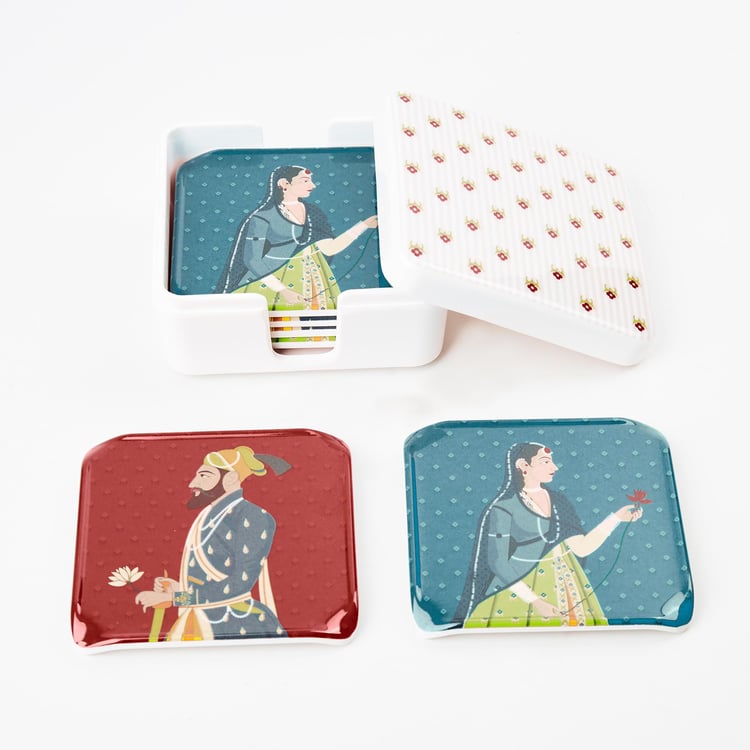 Raisa Raja Rani Set of 6 Melamine Printed Coasters with Holder