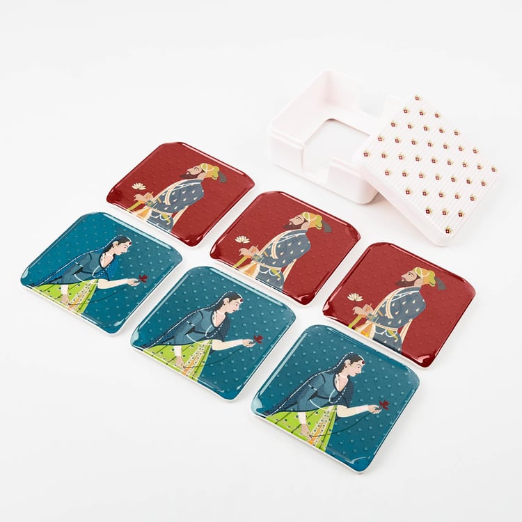 Raisa Raja Rani Set of 6 Melamine Printed Coasters with Holder