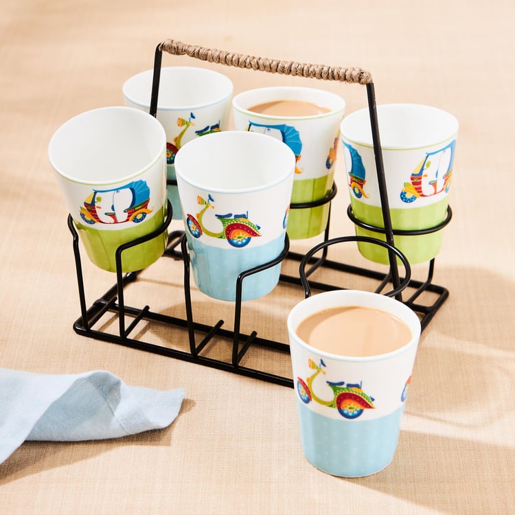 Luke Mad For India Set of 6 Bone China Cutting Chai Glasses with Stand - 160ml