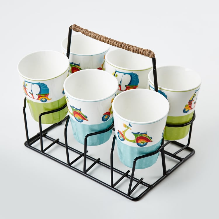 Luke Mad For India Set of 6 Bone China Cutting Chai Glasses with Stand - 160ml