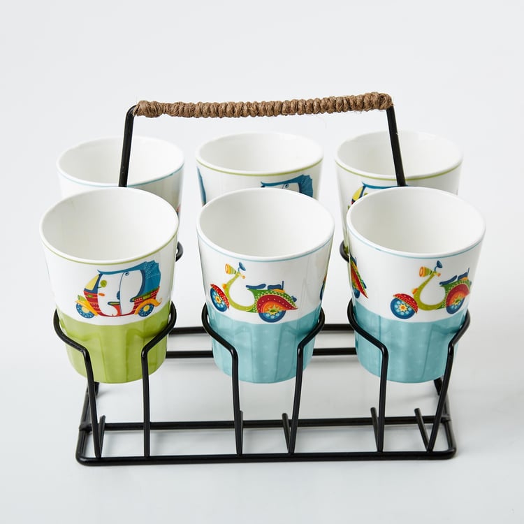 Luke Mad For India Set of 6 Bone China Cutting Chai Glasses with Stand - 160ml