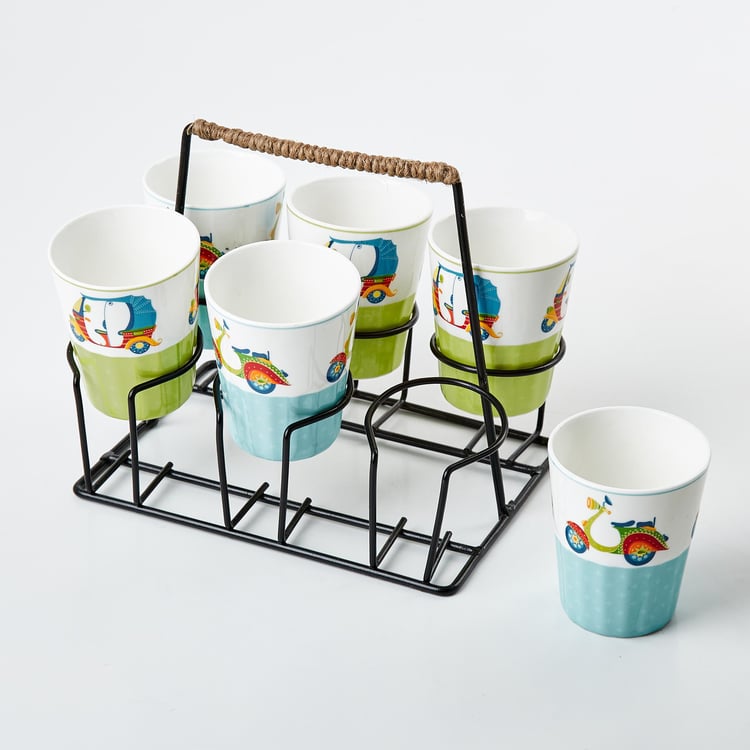 Luke Mad For India Set of 6 Bone China Cutting Chai Glasses with Stand - 160ml