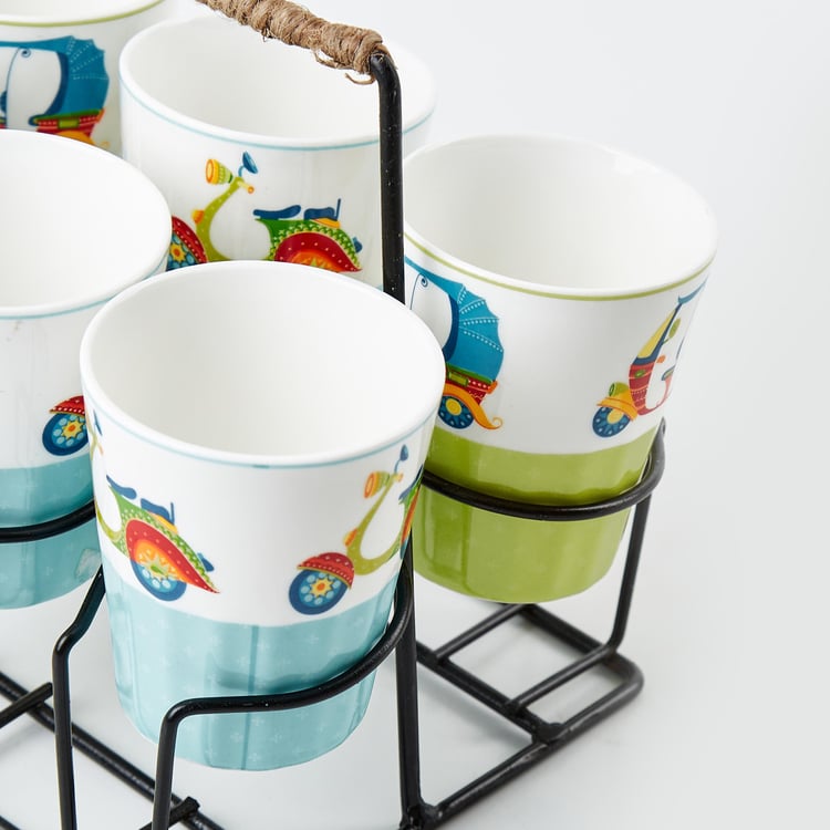 Luke Mad For India Set of 6 Bone China Cutting Chai Glasses with Stand - 160ml