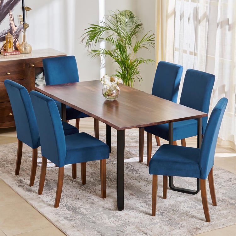 Nirvana Atharva Sheesham Wood 6-Seater Dining Set with Indus Chairs - Brown and Blue