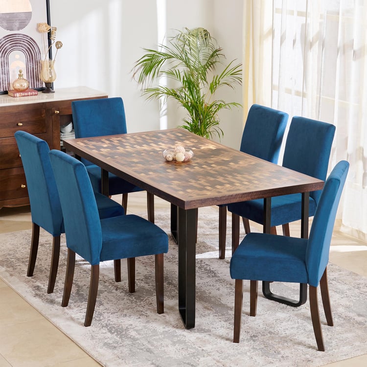 Nirvana Kaya 6-Seater Dining Set with Indus Chairs - Brown and Blue