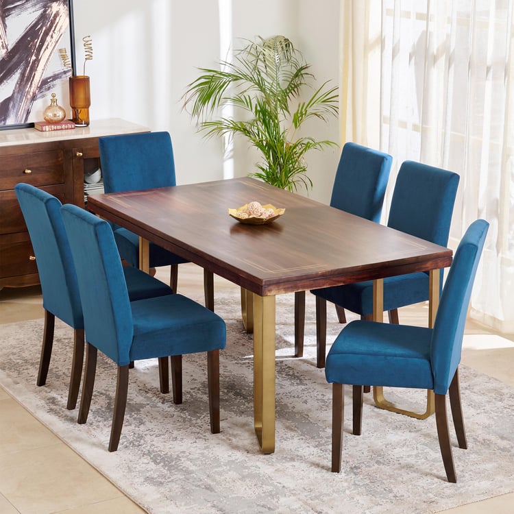 Nirvana Agam Sheesham Wood 6-Seater Dining Set with Indus Chairs - Brown and Blue