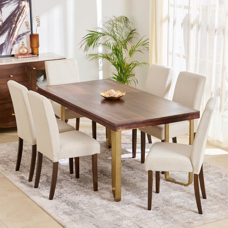 Nirvana Agam Sheesham Wood 6-Seater Dining Set with Indus Chairs - Brown and Beige
