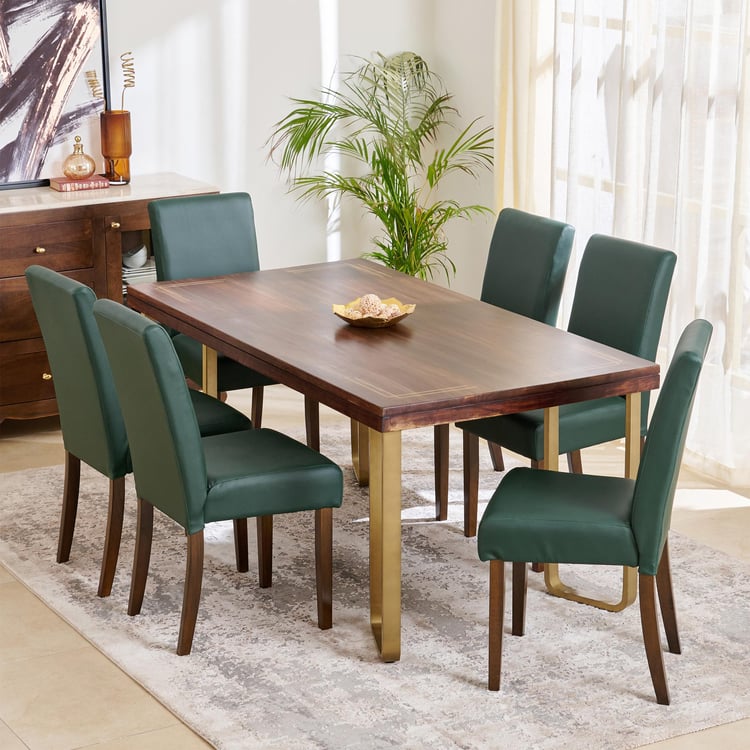 Nirvana Agam Sheesham Wood 6-Seater Dining Set with Indus Chairs - Brown and Green