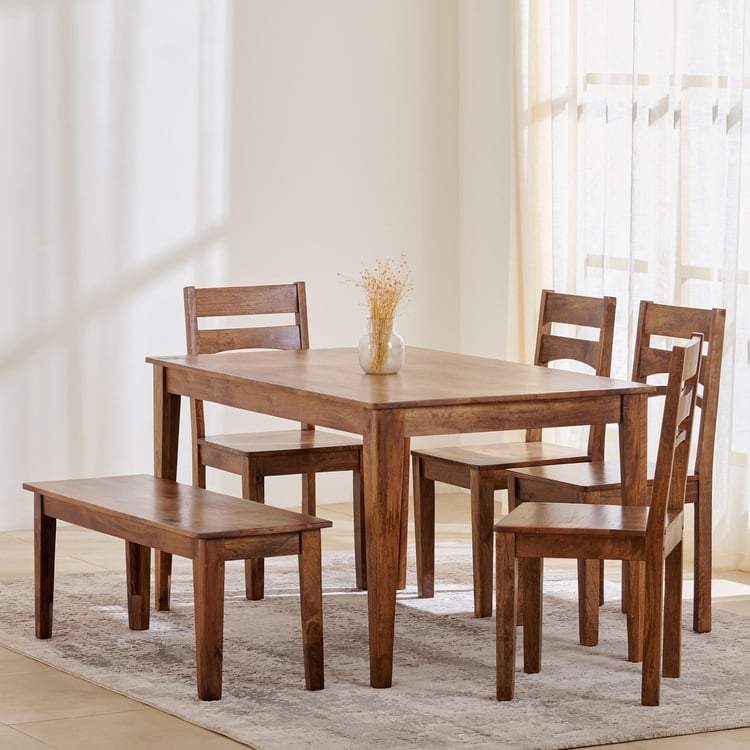 Helios Amora Mango Wood 6-Seater Dining Set with Chairs and Bench - Brown