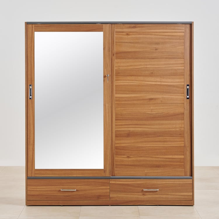 Quadro 2-Door Sliding Wardrobe with Mirror and Drawers -  Brown