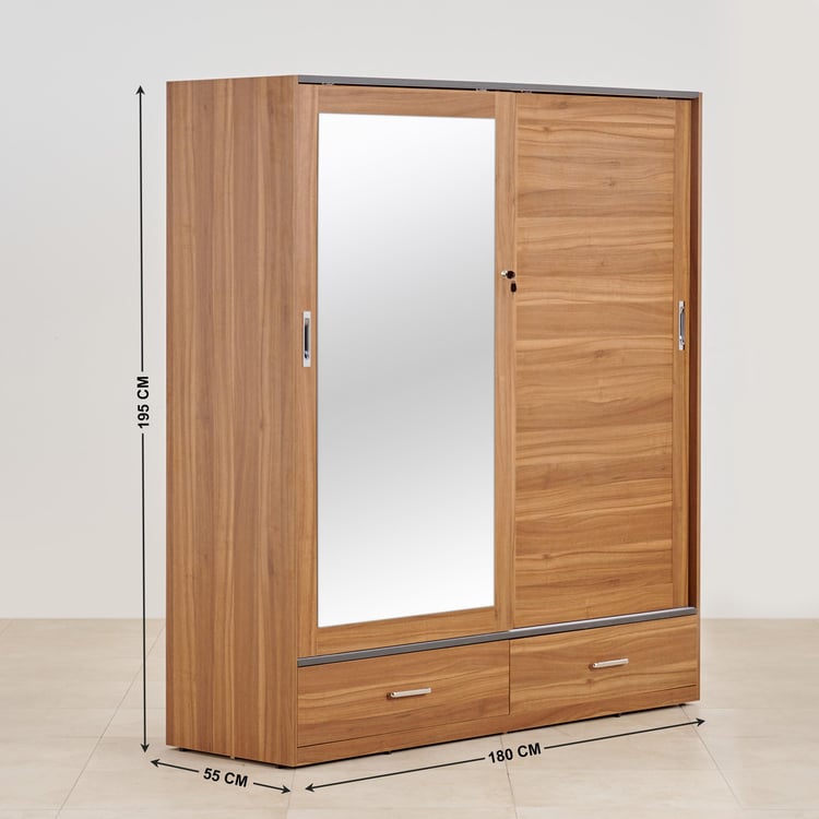 Quadro 2-Door Sliding Wardrobe with Mirror and Drawers -  Brown