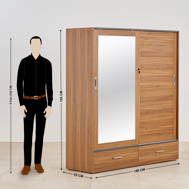 Quadro 2-Door Sliding Wardrobe with Mirror and Drawers -  Brown