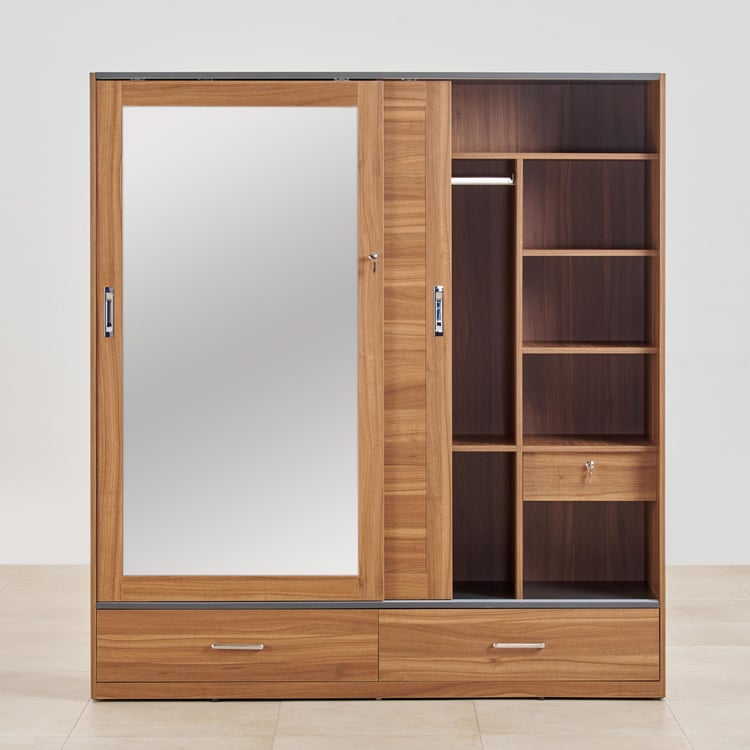 Quadro 2-Door Sliding Wardrobe with Mirror and Drawers -  Brown