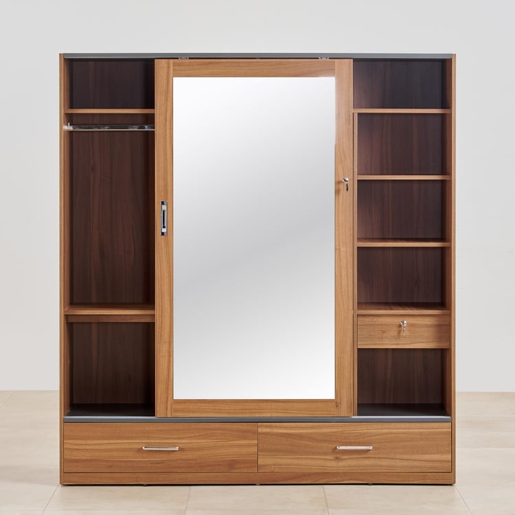 Quadro 2-Door Sliding Wardrobe with Mirror and Drawers -  Brown