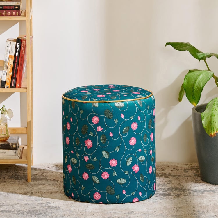 Maya Fabric Lotus Printed Pouffe - Teal