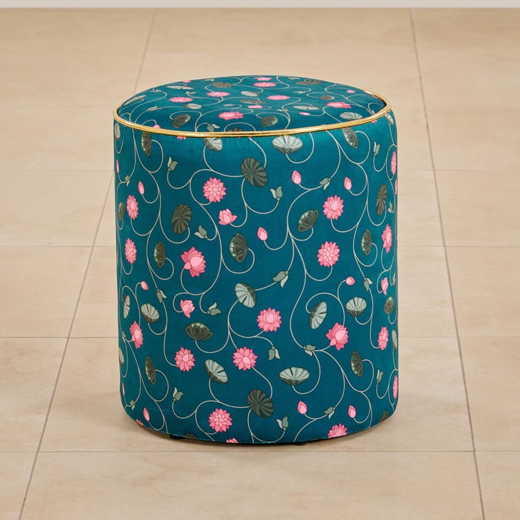 Maya Fabric Lotus Printed Pouffe - Teal