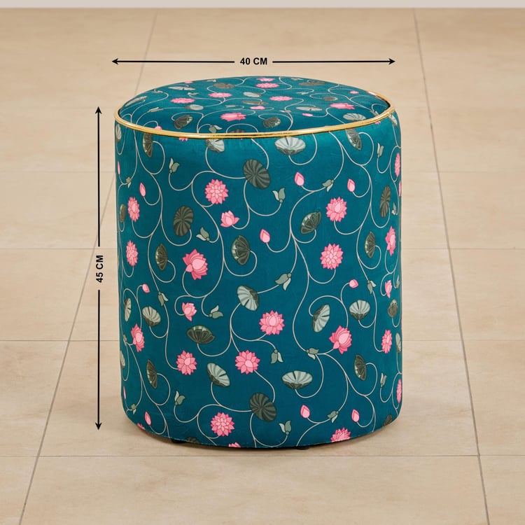 Maya Fabric Lotus Printed Pouffe - Teal